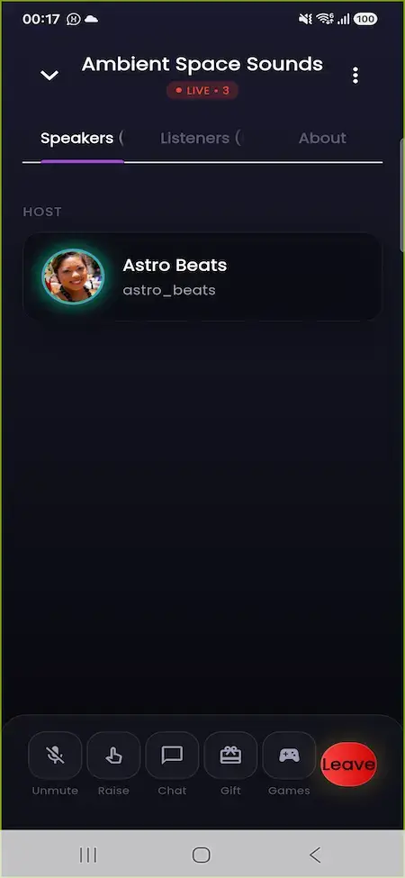 ChillChat mobile audio room with speaker list and live room controls