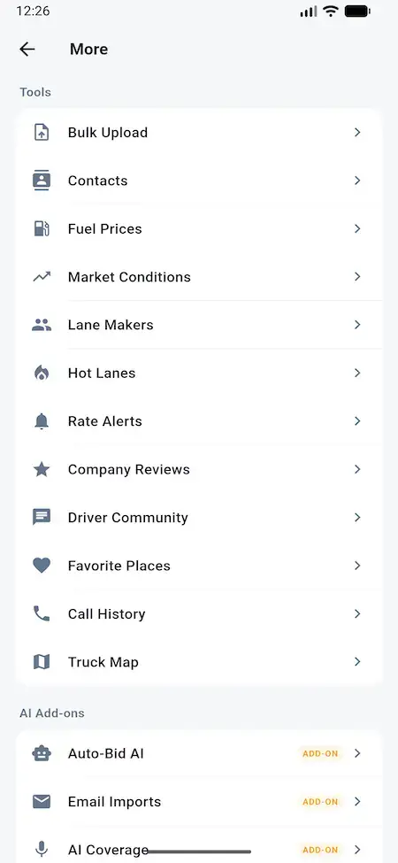 White Label Load Board Software 18 DAT load board shipper mobile tools menu with bulk upload, contacts, market conditions, lanes, rates, and reviews