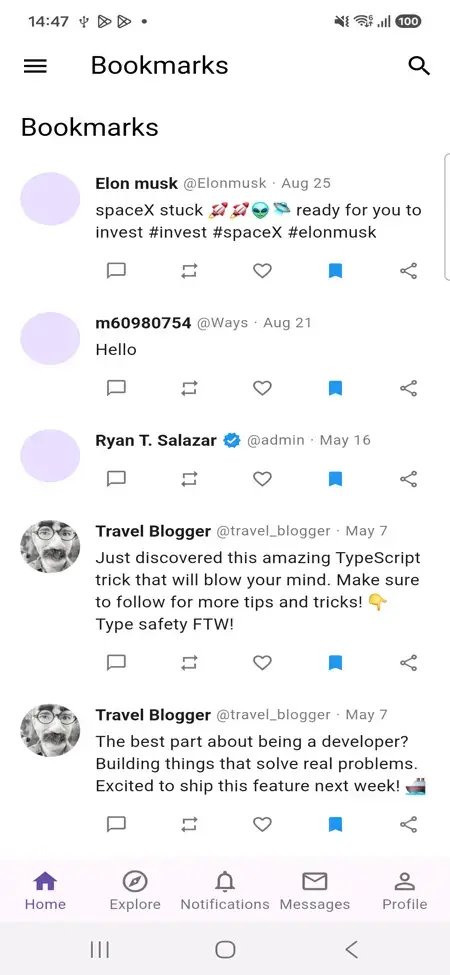 X Clone 18 Twitter Clone Mobile Bookmarks showing saved social posts with engagement controls and search