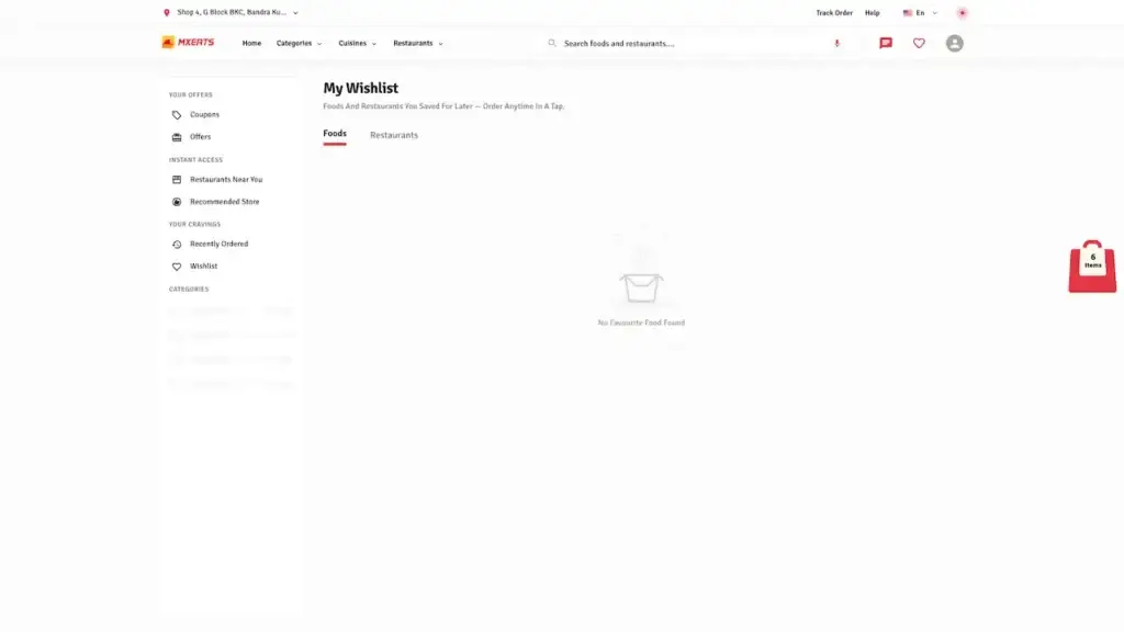 ChowNow Clone 53 UberEats Clone Customer Wishlist showing saved food and restaurant tabs with an empty wishlist state