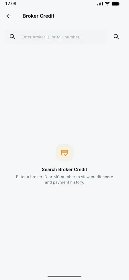 White Label Load Board Software 37 DAT load board broker mobile credit-check screen for searching broker credit