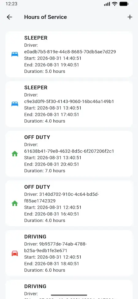 White Label Load Board Software 27 DAT load board carrier mobile HOS log with sleeper, off-duty, and driving records