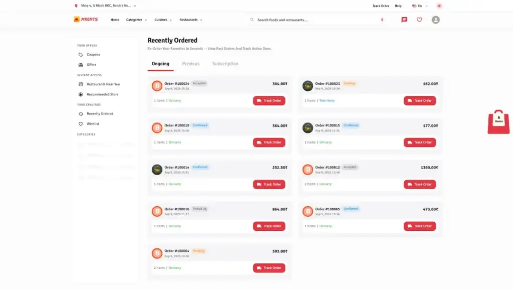 ChowNow Clone 52 UberEats Clone Customer Order History showing ongoing and past restaurant orders with totals, status and track-order buttons