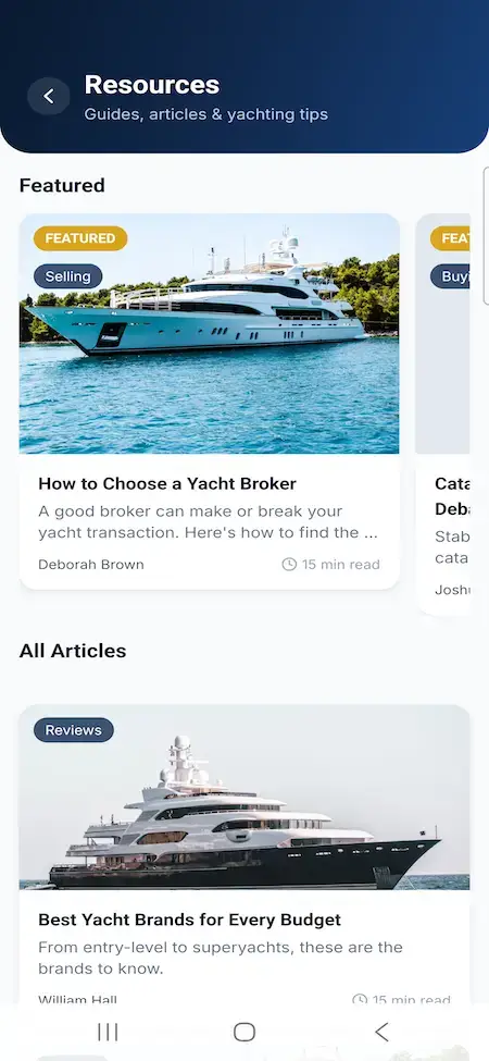 White Label Yacht Marketplace 16 YachtWorld clone buyer mobile resources screen with boating articles and guides