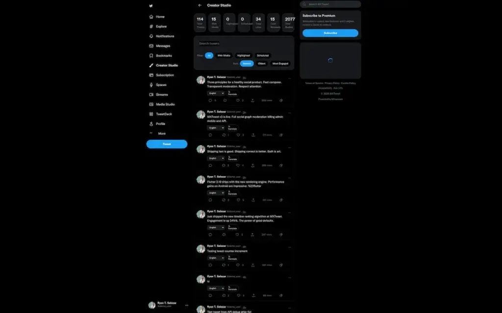 X Clone 32 Twitter Clone Creator Studio showing post planning tools, scheduled content and a creator publishing workspace