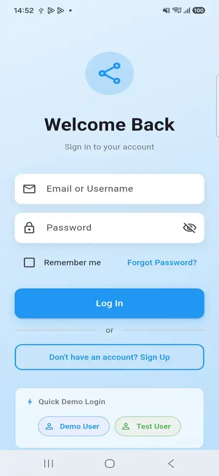 X Clone 17 Twitter Clone Mobile Login showing email or username and password fields with account recovery and demo access
