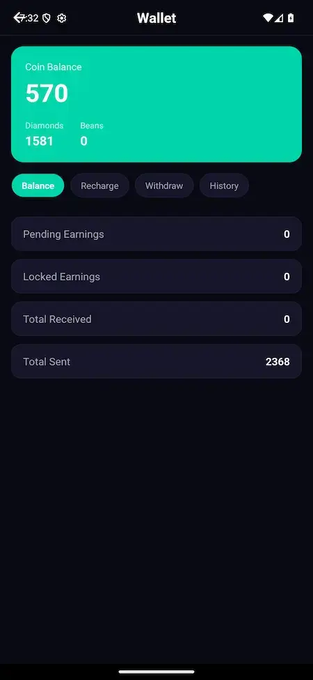 White Label Live Streaming App 17 Bigo Live clone mobile wallet with coins, diamonds, earnings, withdrawal, and transaction history