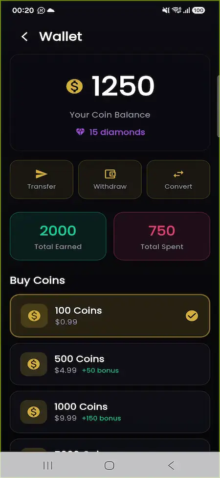 ChillChat mobile wallet with coin balance, earnings, spending, and coin packages