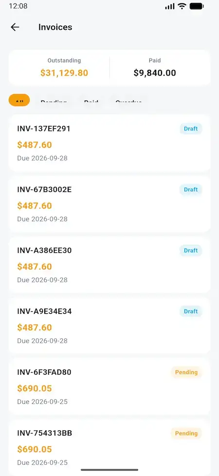 White Label Load Board Software 36 DAT load board broker mobile invoices list with amounts, dates, and payment status