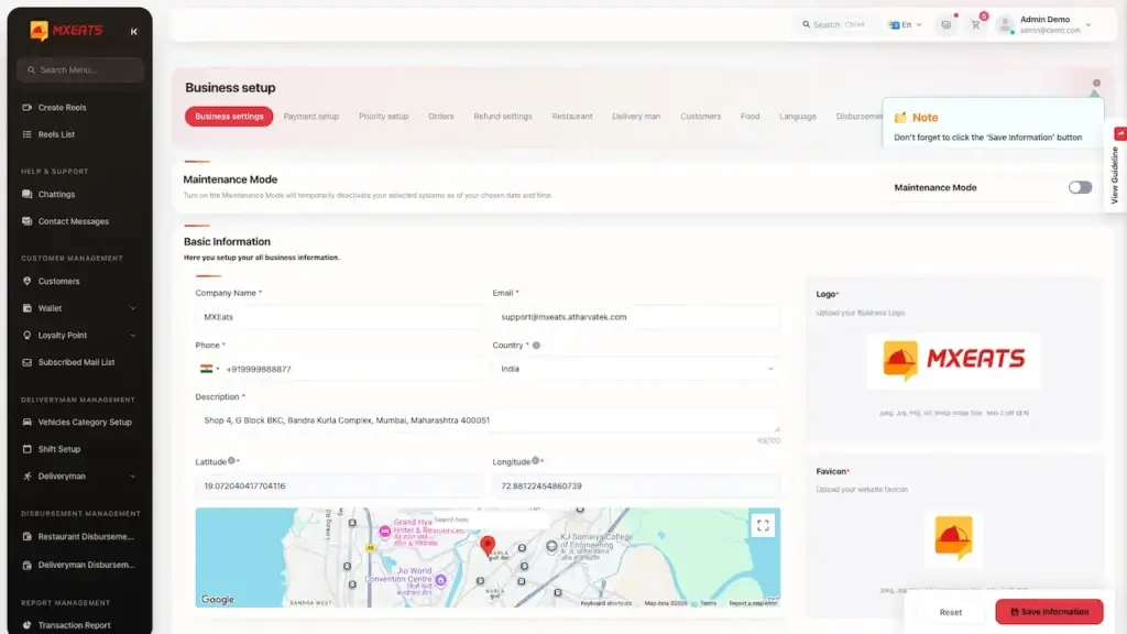 ChowNow Clone 43 UberEats Clone Admin Business Settings showing maintenance mode, company information, branding assets and location map