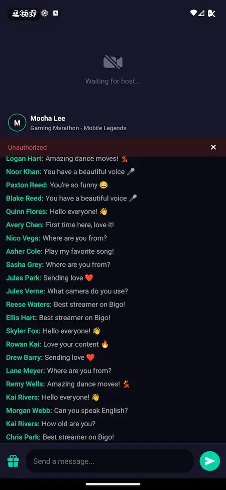 White Label Live Streaming App 16 Bigo Live clone mobile voice room with host messages, audience chat, and participation controls