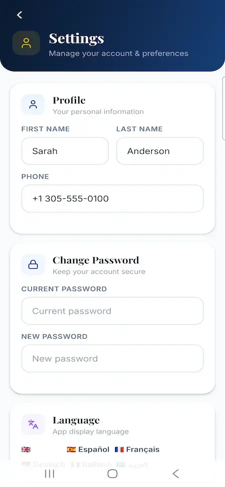 White Label Yacht Marketplace 15 YachtWorld clone buyer mobile settings for profile, password and language