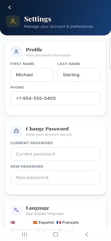 White Label Yacht Marketplace 25 YachtWorld clone seller mobile settings for profile, password and language