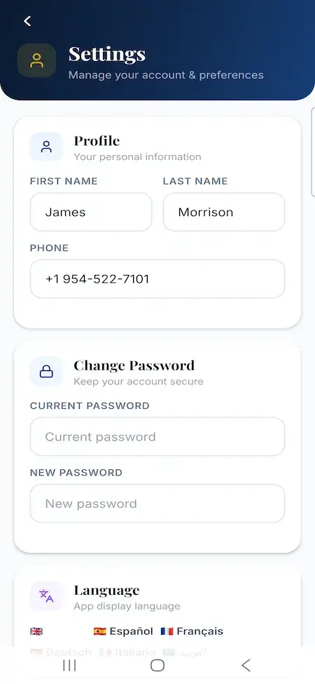 White Label Yacht Marketplace 36 YachtWorld clone dealer mobile settings for profile, password and language preferences