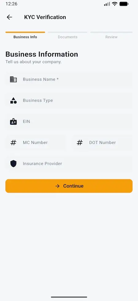 White Label Load Board Software 17 DAT load board shipper mobile KYC form for business, tax, address, and identity documents