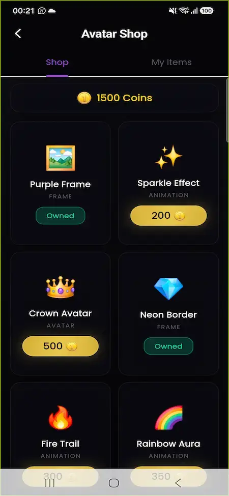 ChillChat avatar shop with purchasable frames, effects, borders, and trails