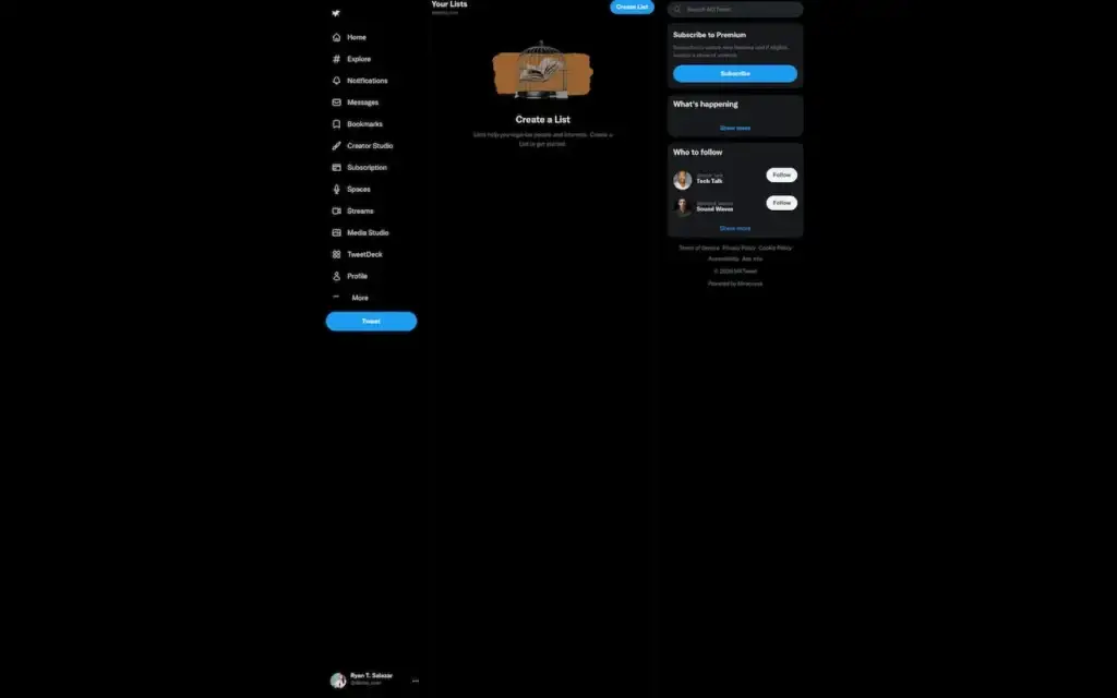 X Clone 31 Twitter Clone Desktop Lists showing an empty list-management state with list discovery in the sidebar