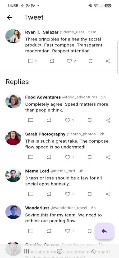X Clone 16 Twitter Clone Mobile Tweet Details showing a selected tweet, engagement controls and a threaded replies section