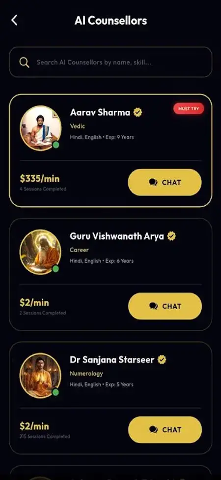 AstroSage Clone 23 Astrotalk Clone mobile AI counsellors list showing counsellor profiles, fees and chat buttons
