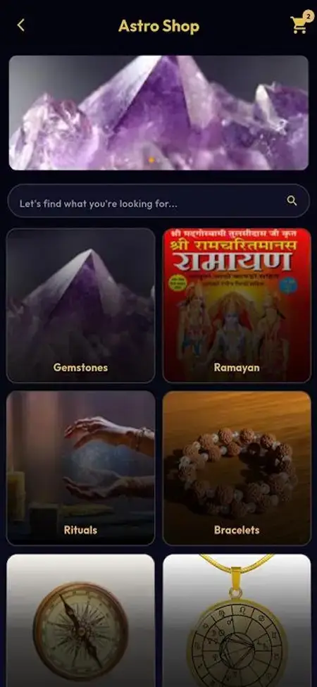 AstroSage Clone 22 Astrotalk Clone mobile Astro Shop catalogue showing gemstones, yantra and spiritual product cards