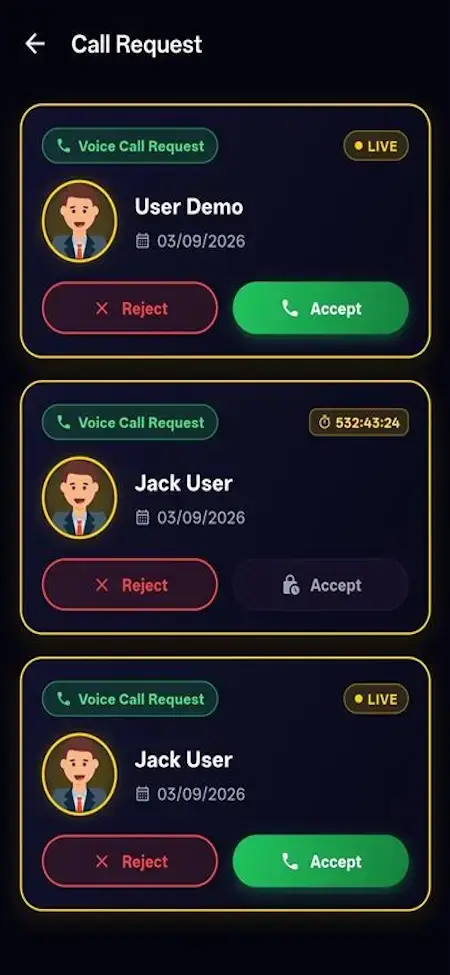 AstroSage Clone 34 Astrotalk Clone mobile call request screen showing incoming user requests with accept and reject actions
