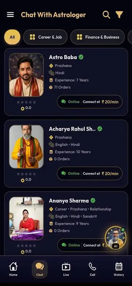 AstroSage Clone 21 Astrotalk Clone mobile astrologer listing with profile cards, ratings, availability and chat actions