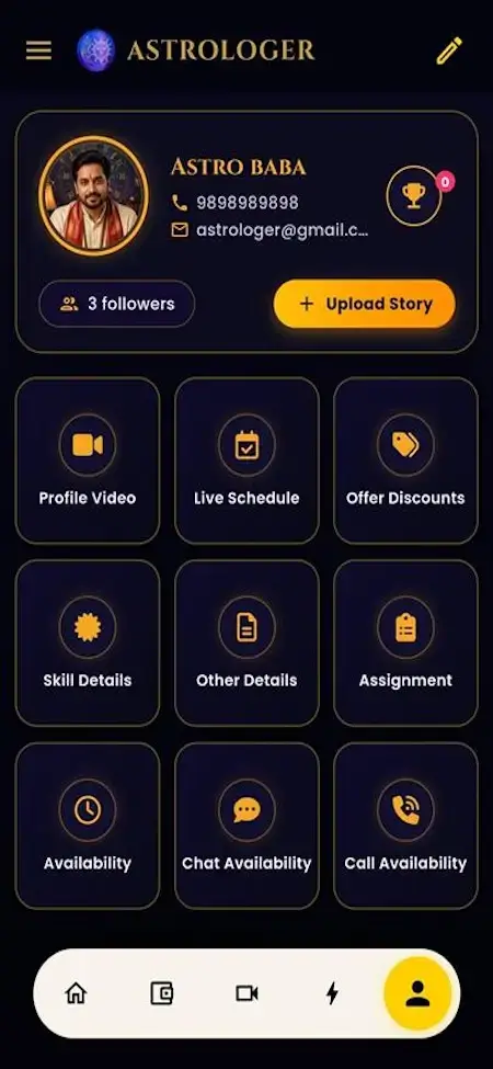AstroSage Clone 32 Astrotalk Clone astrologer mobile home dashboard with profile, consultation shortcuts, earnings and account tools