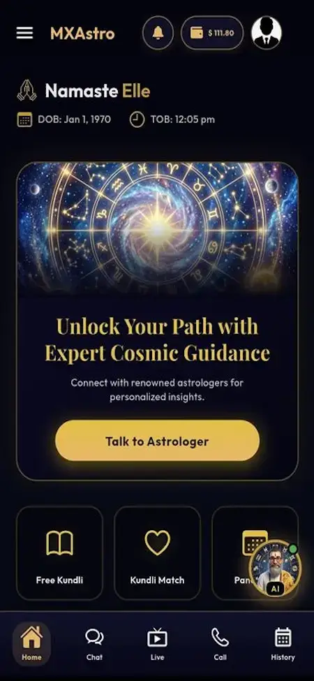 AstroSage Clone 20 Astrotalk Clone mobile home screen with expert guidance banner, astrology shortcuts and navigation tabs