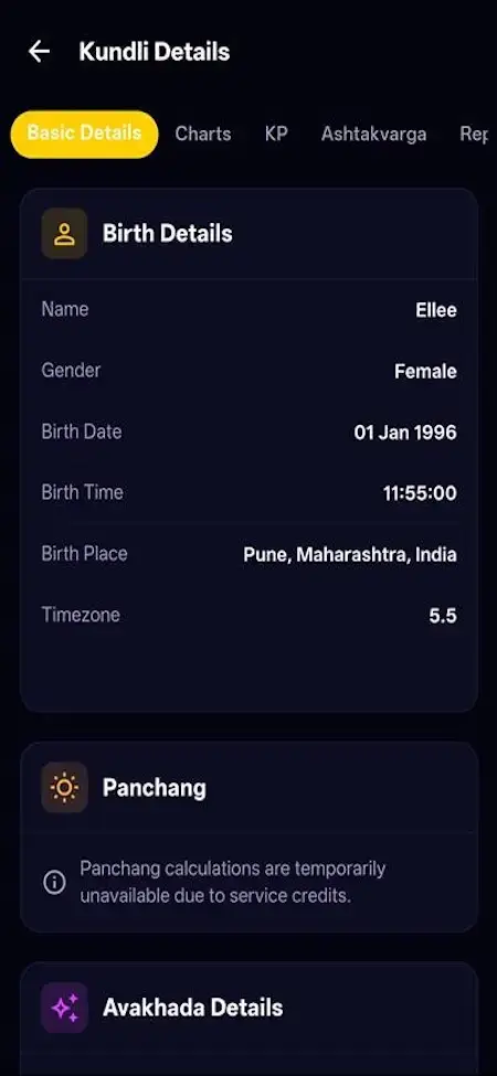 AstroSage Clone 33 Astrotalk Clone mobile Kundali details screen showing birth information, Panchang and available astrological details