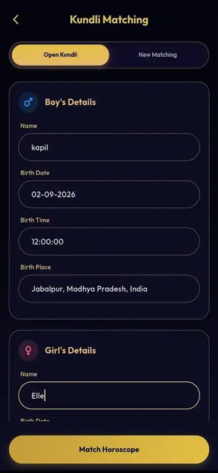 AstroSage Clone 19 Astrotalk Clone mobile Kundali matching form for entering partner birth details and generating compatibility results