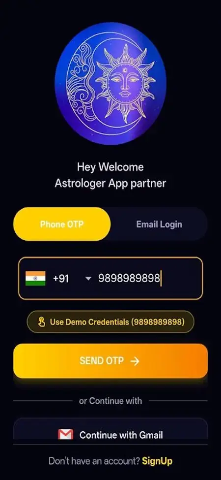 AstroSage Clone 31 Astrotalk Clone mobile login screen with phone number entry and verification options for astrologer access
