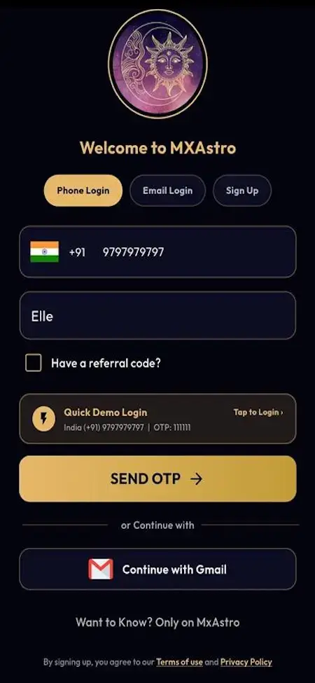 AstroSage Clone 18 Astrotalk Clone mobile login and verification form with phone number, OTP and profile details