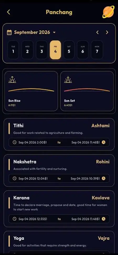 AstroSage Clone 17 Astrotalk Clone mobile Panchang screen showing date, tithi, nakshatra, yoga and daily astrology timings