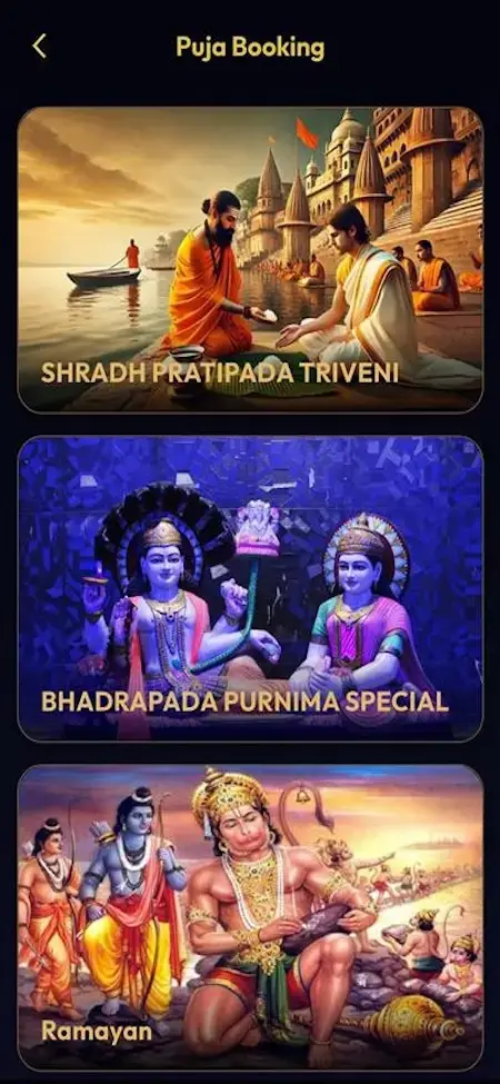 AstroSage Clone 16 Astrotalk Clone mobile puja booking screen showing devotional service cards and booking options
