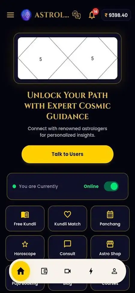 AstroSage Clone 29 Astrotalk Clone mobile services screen with cosmic guidance, consultation categories and service shortcuts