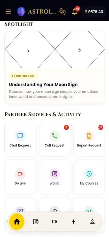 AstroSage Clone 30 Astrotalk Clone mobile services activity screen showing astrology service categories and activity shortcuts