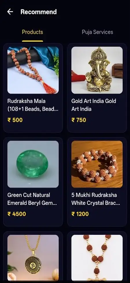 AstroSage Clone 28 Astrotalk Clone mobile astro shop screen with recommended gemstones, products and spiritual items