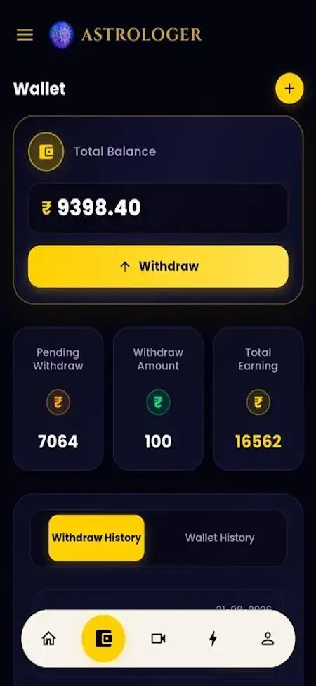 AstroSage Clone 26 Astrotalk Clone astrologer mobile wallet showing balance, withdrawals, earnings and transaction shortcuts
