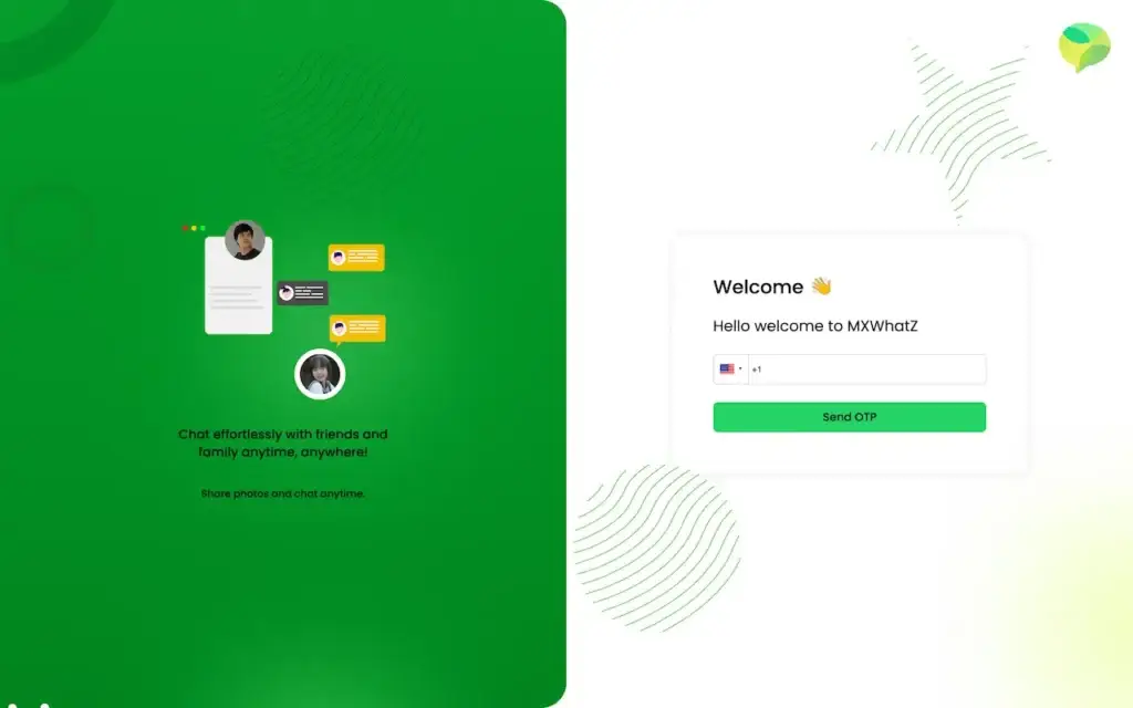 WhatsApp Clone 37 WhatsApp Clone desktop welcome and phone verification screen with an OTP request form beside a chat illustration.