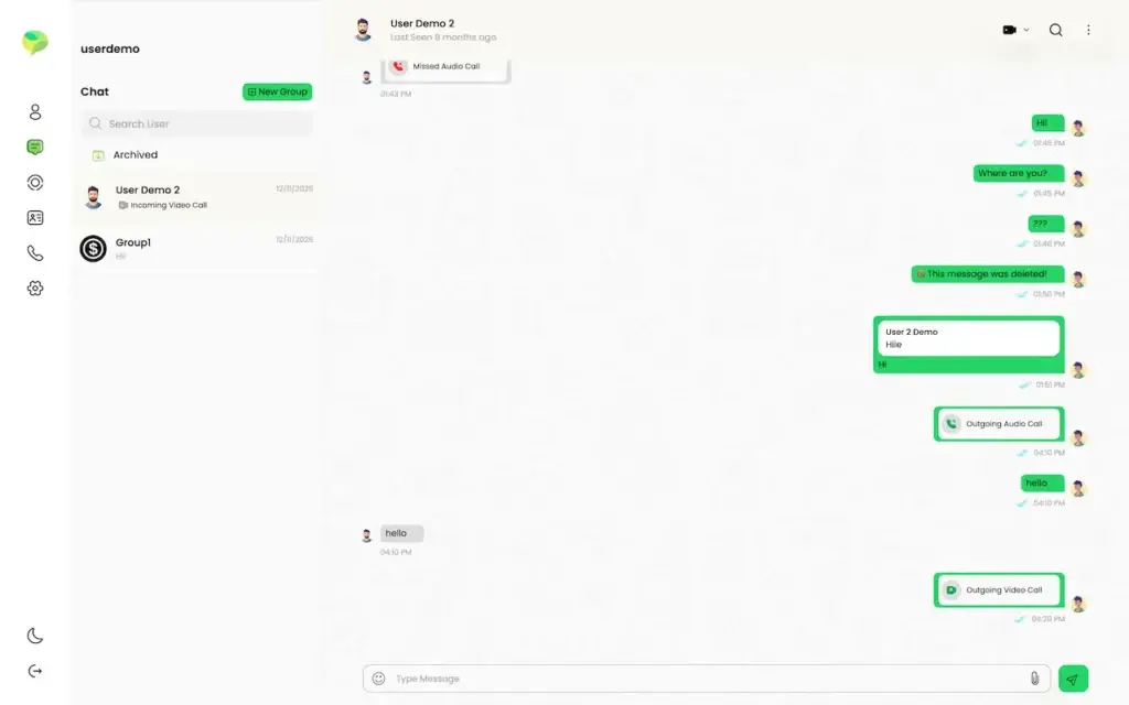 WhatsApp Clone 36 WhatsApp Clone desktop chat window showing the conversation list, messages, deleted-message notice and audio or video call cards.