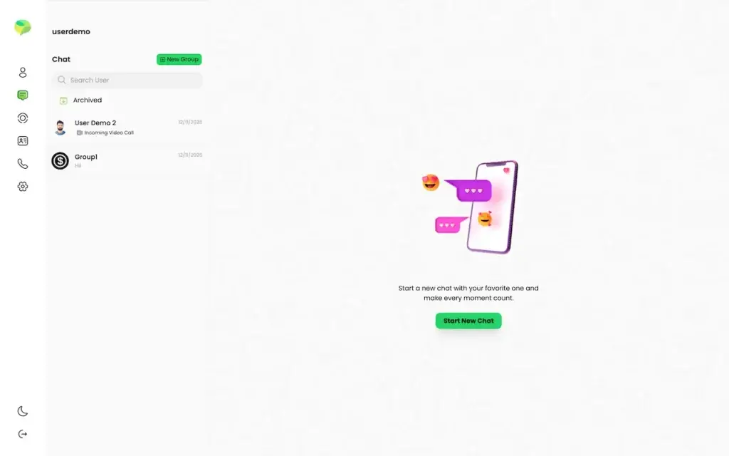 WhatsApp Clone 34 WhatsApp Clone desktop empty chat state with a new-chat illustration, conversation list and Start New Chat button.
