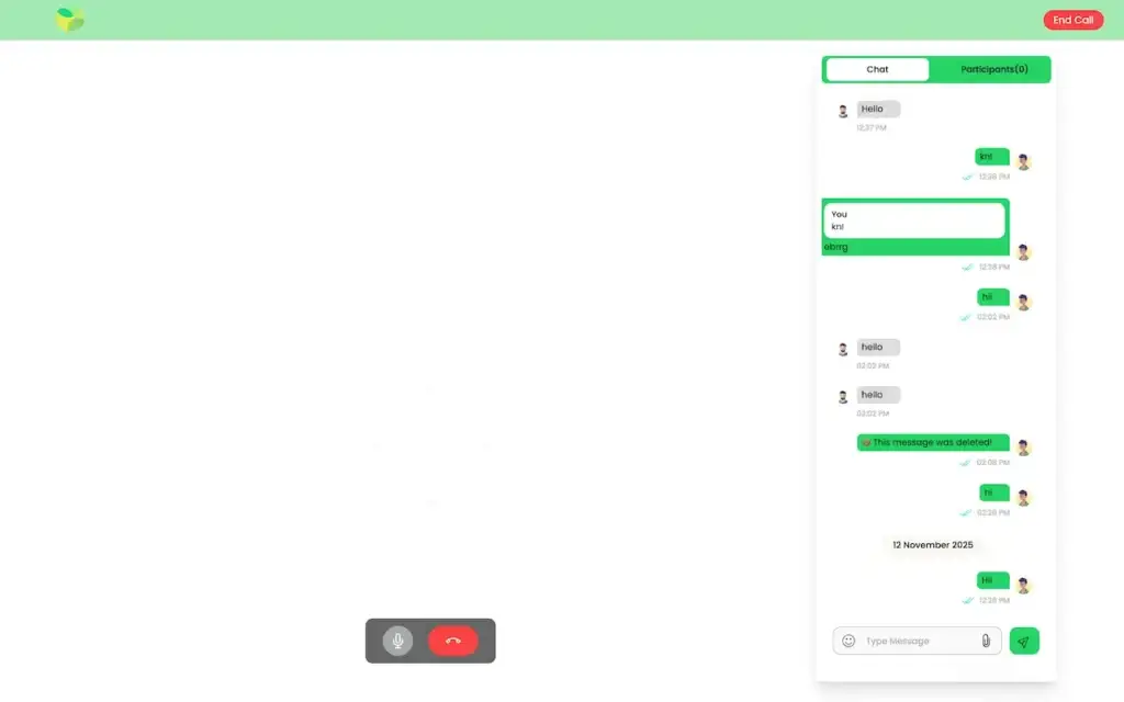 WhatsApp Clone 35 WhatsApp Clone desktop call interface with an in-call chat panel, participant tab, message composer, microphone and end-call controls.