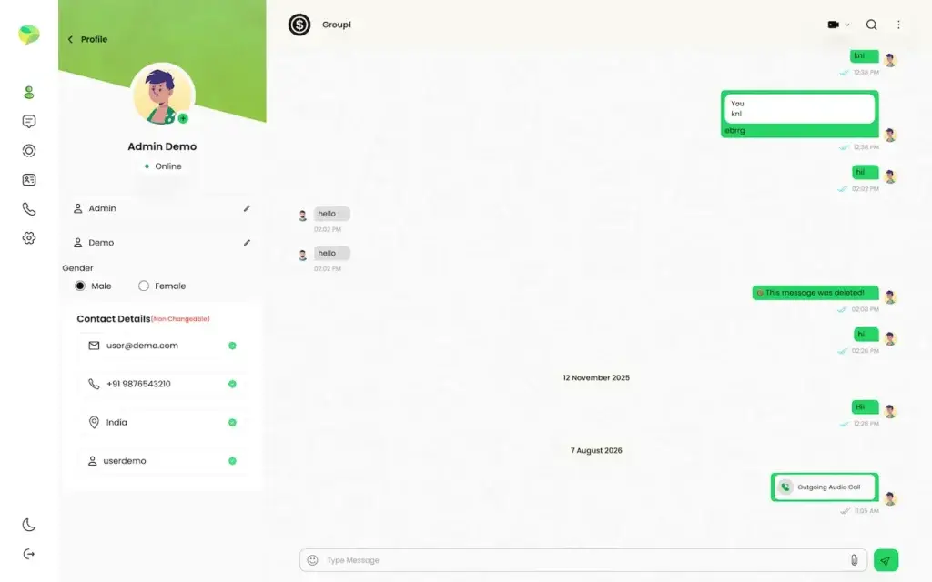 WhatsApp Clone 33 WhatsApp Clone desktop group conversation with an open profile panel showing avatar, contact details and chat history.