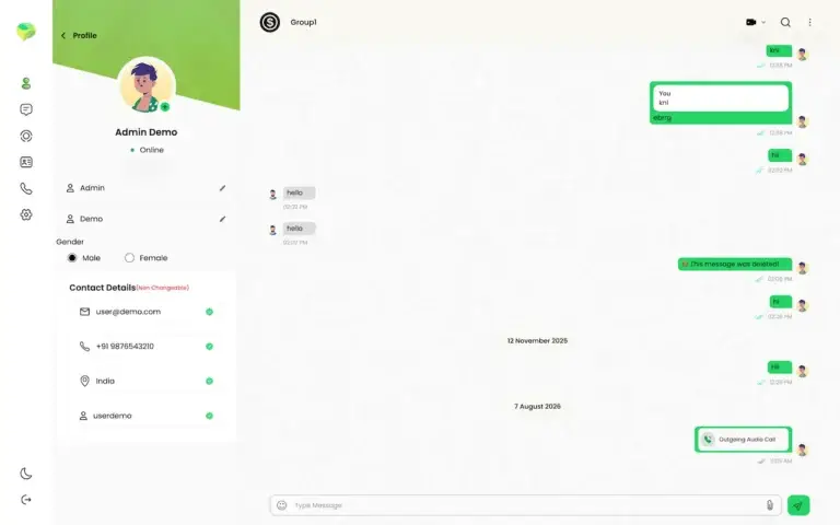 White Label Messaging App 51 Desktop group conversation with an open profile panel showing avatar, contact details and chat history.
