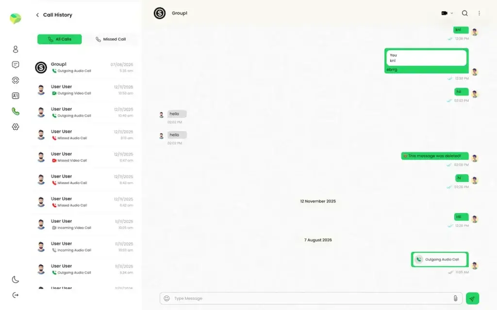 WhatsApp Clone 32 WhatsApp Clone desktop call history listing incoming, outgoing and missed audio or video calls beside an open group conversation.