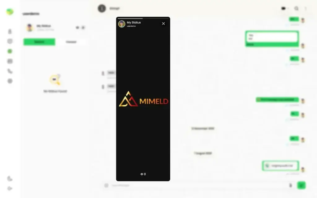 WhatsApp Clone 30 WhatsApp Clone desktop status viewer showing a branded status post in a centered vertical viewer over the chat workspace.