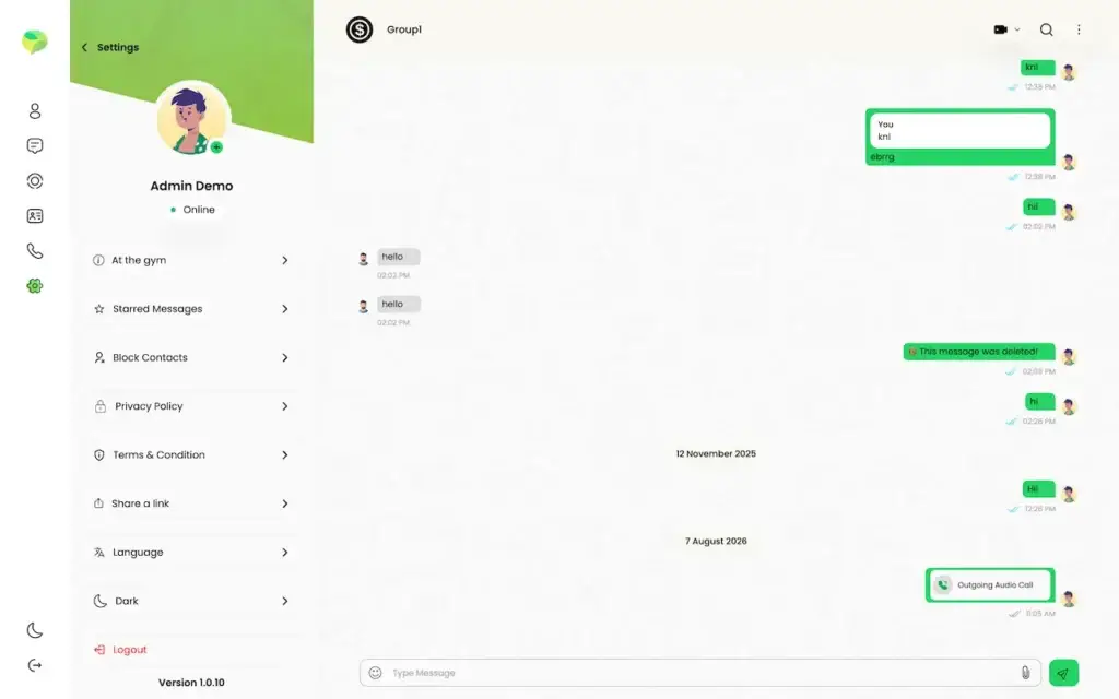 WhatsApp Clone 31 WhatsApp Clone desktop settings menu showing About status, starred messages, blocked contacts, privacy, terms, language, theme and logout.