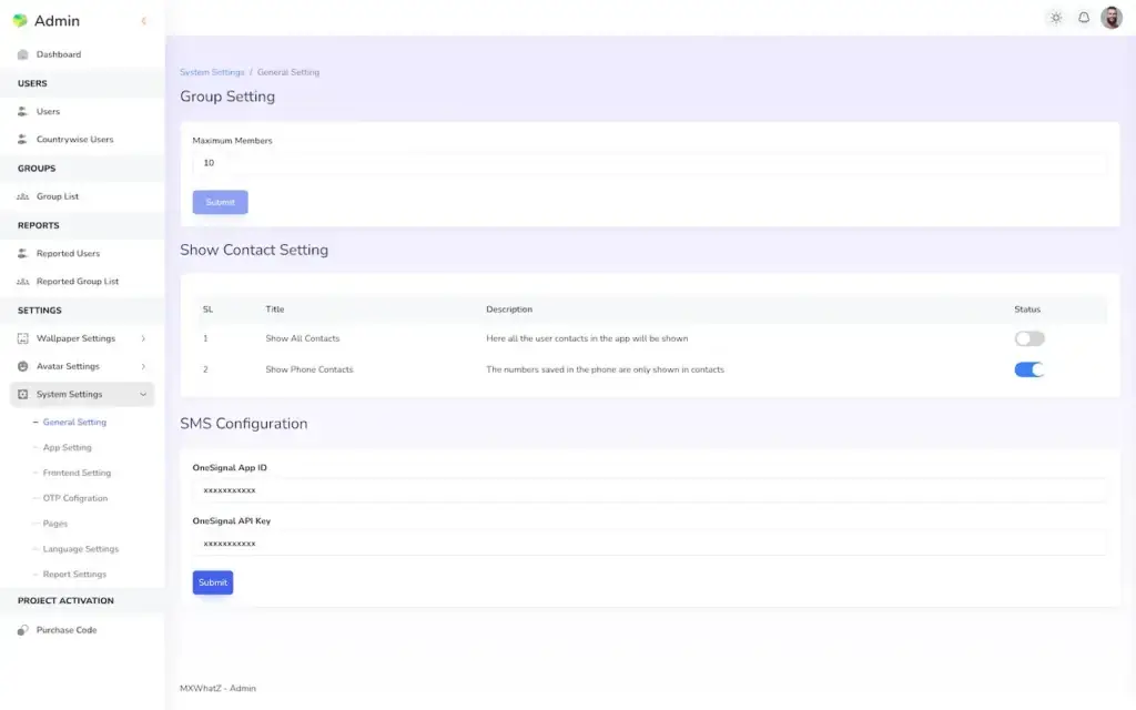 WhatsApp Clone 24 WhatsApp Clone admin settings screen for maximum group members, contact visibility and SMS configuration.