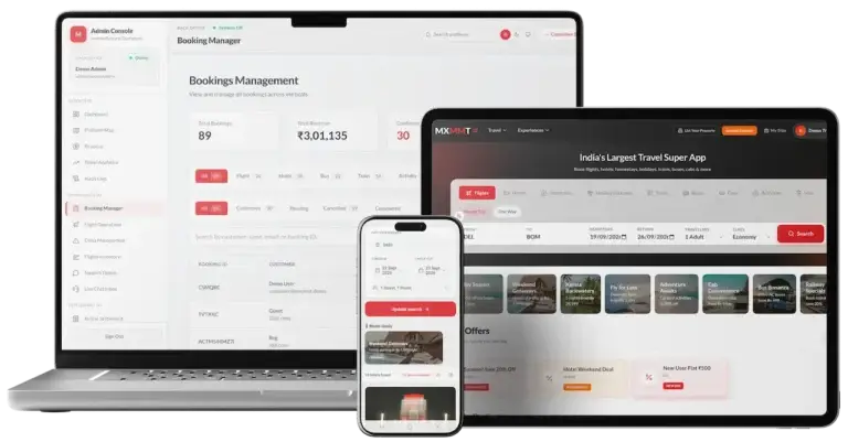 White Label Travel Portal 89 Cross-platform travel booking solution with customer website, mobile app, and booking management admin dashboard.