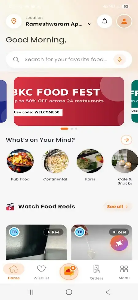 ChowNow Clone 17 UberEats Clone Customer Mobile Home showing location search, promotional banner, cuisine shortcuts and food reels